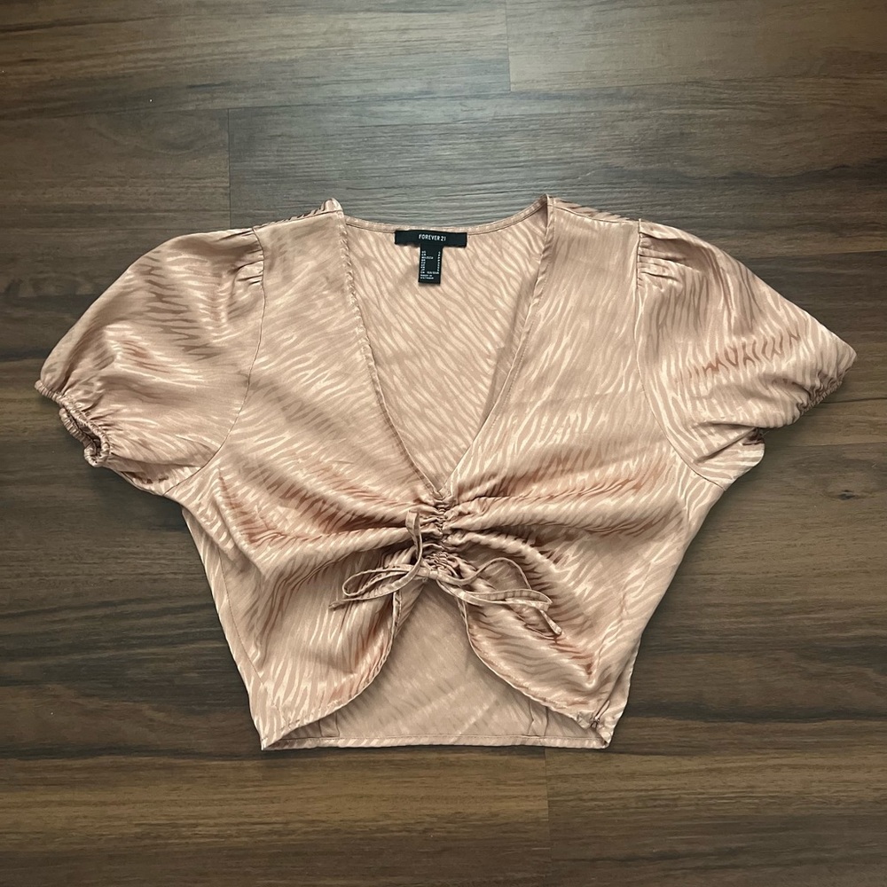 Satin Copper Orange Metallic Tiger Stripe Cinched Crop Top